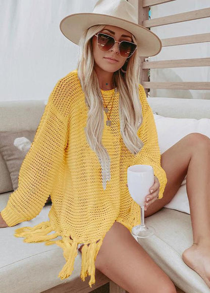 Poncho de plage en maille ajourée à franges Jaune