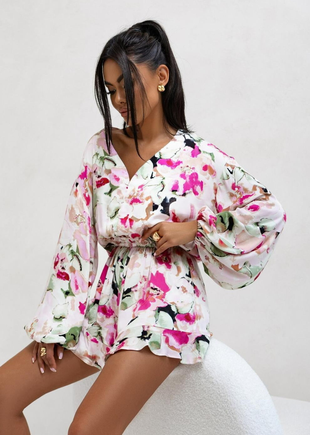 Jumpsuit imprimé col V manches longues Fleur blanche