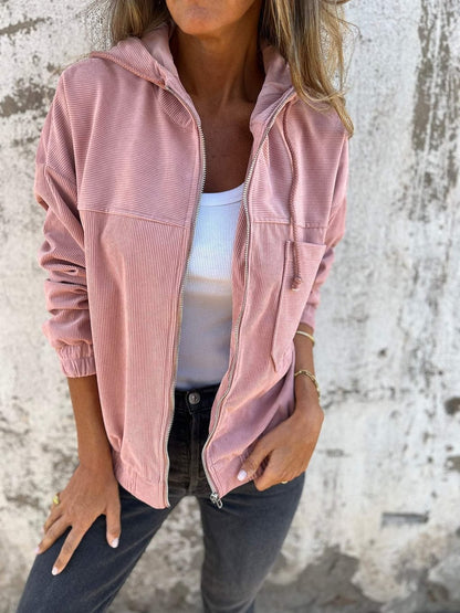 Manteau à Capuche en Velours Côtelé – Élégance et Chaleur Rose