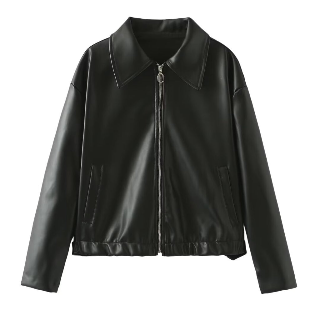 Veste en Cuir à Col Revers et Fermeture Éclair pour Femme