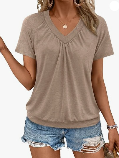 T-Shirt Femme Col V à Fronces – Haut Décontracté et Élégant à Manches Courtes