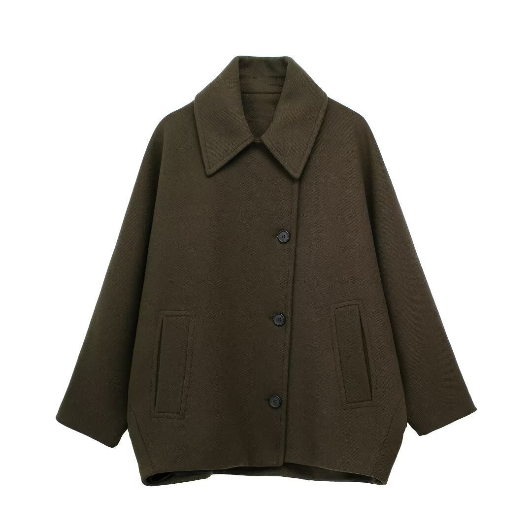 Manteau Court en Laine Mélangée – Charme Automnal Vert armée