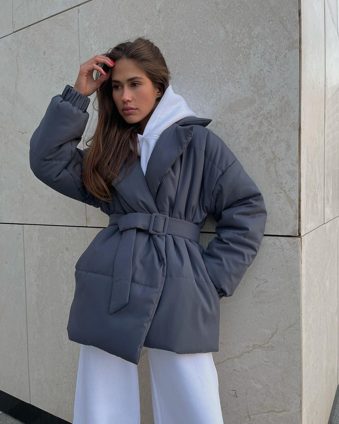 Manteau ceinturé femme – Élégance hivernale ! Gris ardoise