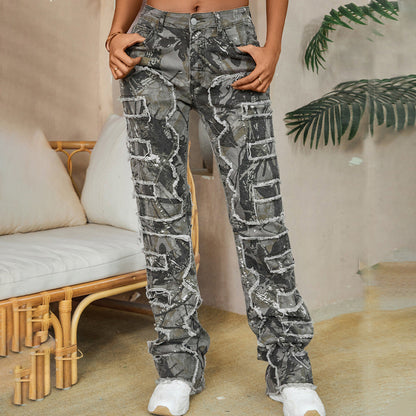 Jean Femme Coupe Droite Brodé Gris foncé