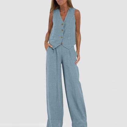 Ensemble Veste d'Été - Top Sans Manches et Pantalon Droit