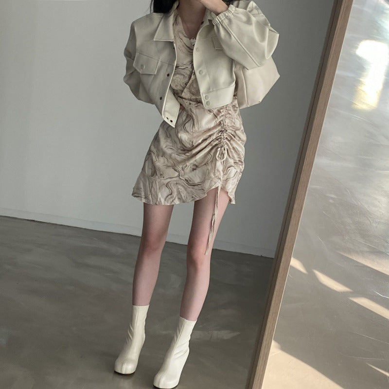 Manteau en Cuir Chic à Col Revers et Poches