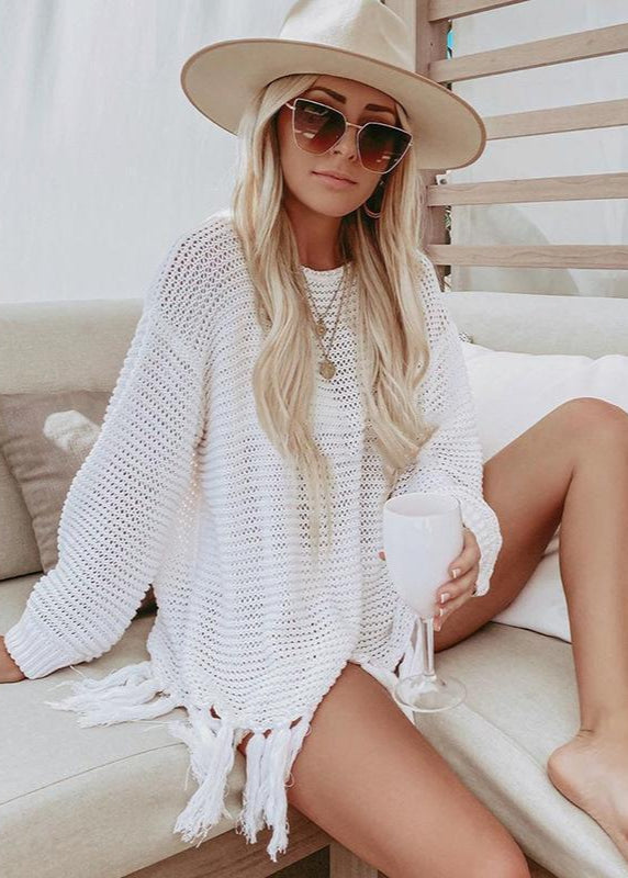 Poncho de plage en maille ajourée à franges Blanc