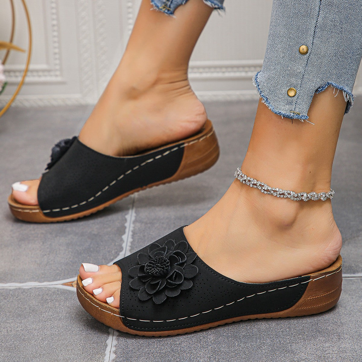 Sandales Compensées Fleur Rétro Été Femme Noir