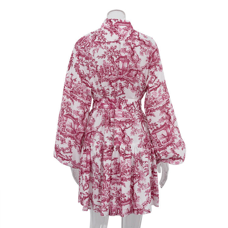 Robe Courte Élégante à Imprimé Artistique et Manches Bouffantes
