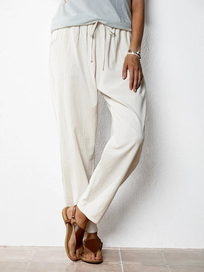 Pantalon Décontracté en Coton et Lin, Taille Élastique Femme