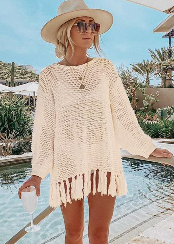 Poncho de plage en maille ajourée à franges Abricot