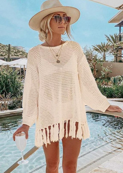 Poncho de plage en maille ajourée à franges Abricot