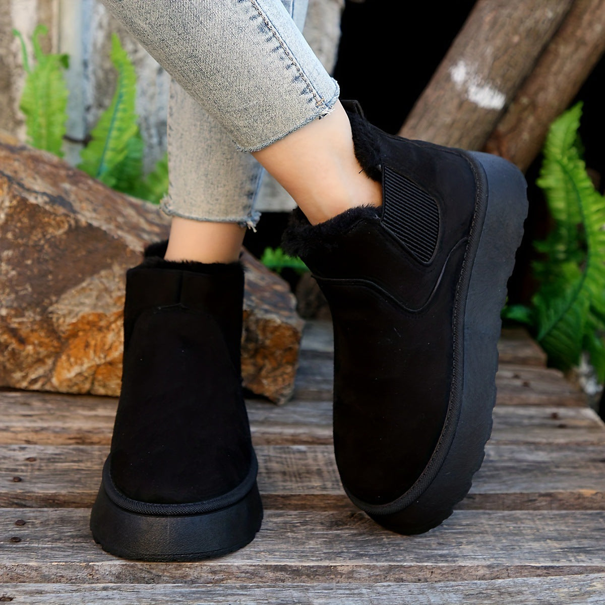 Bottes femme d'Hiver Chaudes à Semelles Épaisses Noir