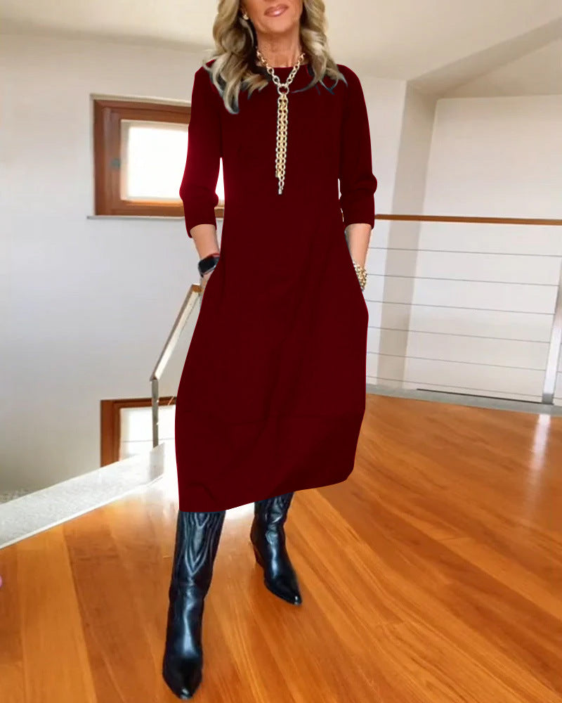 Robe Midi Élégance Intemporelle à Manches Trois-Quarts