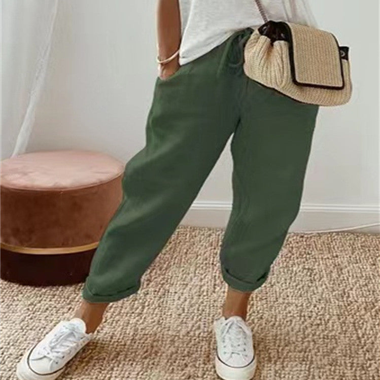 Pantalon Décontracté en Coton et Lin pour Femme