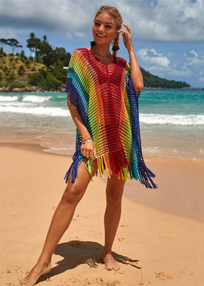 Blouse de Plage Femme – Maille Colorée Ajourée Arc-en-Ciel Taille unique