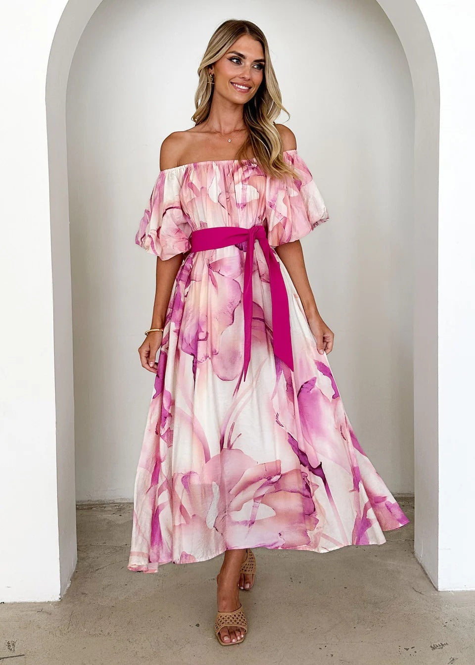 Robe longue fleurie élégance estivale Rose