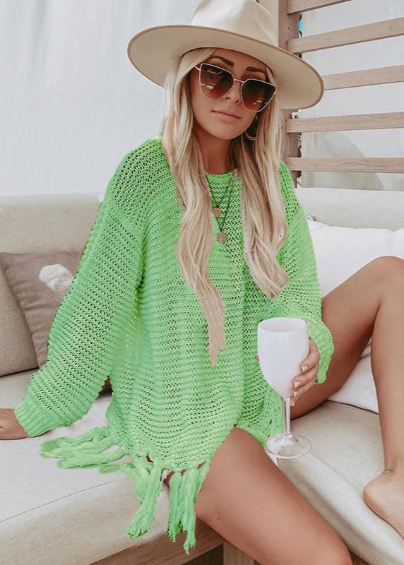 Poncho de plage en maille ajourée à franges Vert