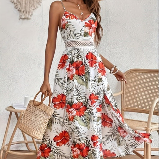 Robe Imprimée Décolletée avec Dentelle & Fente