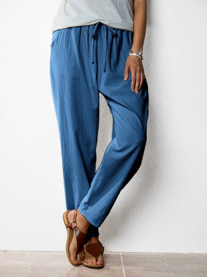 Pantalon Décontracté en Coton et Lin, Taille Élastique Femme