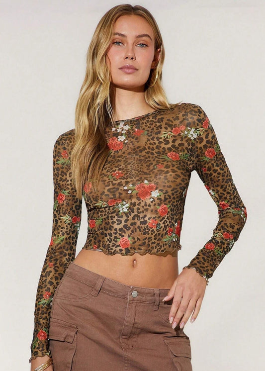 Top transparent imprimé léopard fleuri