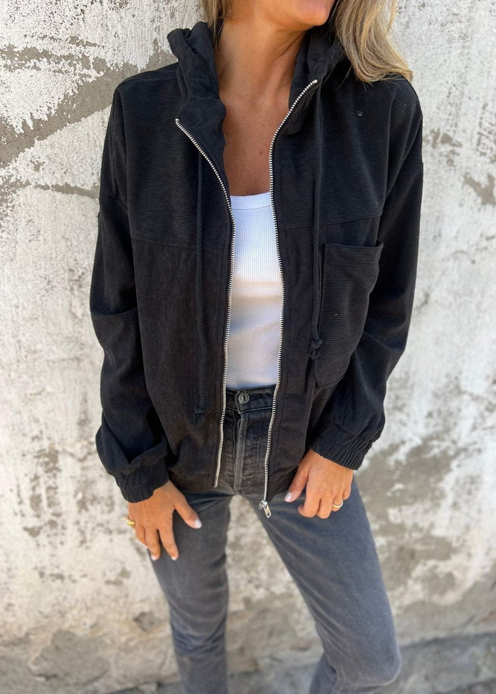 Veste Velours Zippée à Capuche