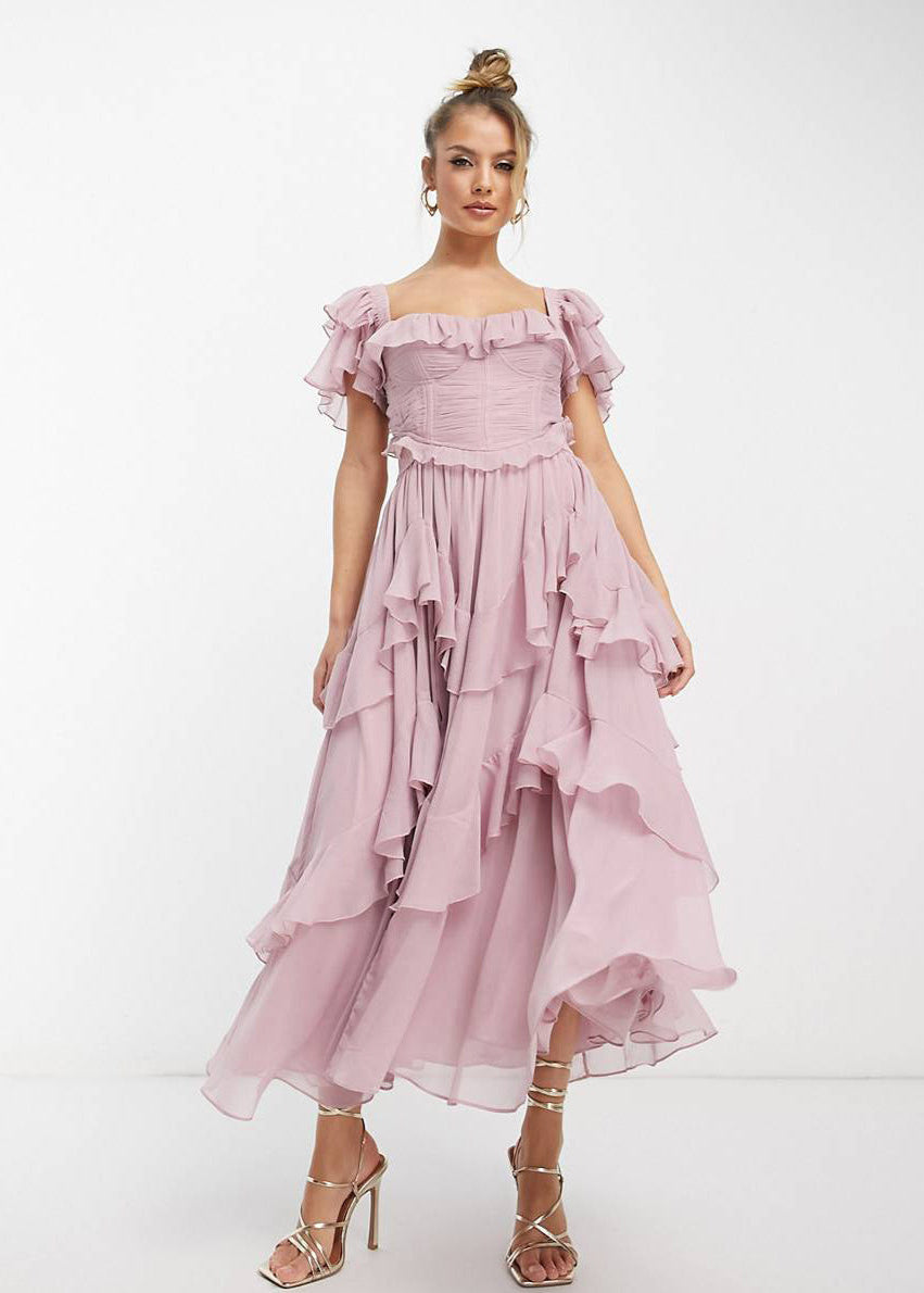 Robe longue rouge à volants élégante Rose