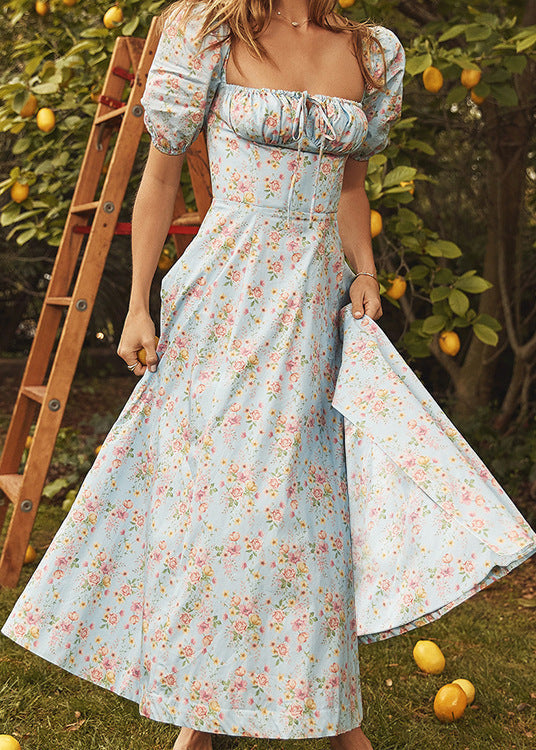 Robe longue été fleurie élégante femme Bleu