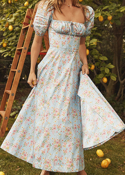 Robe longue été fleurie élégante femme Bleu