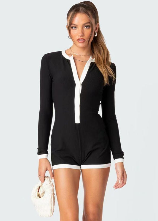 Combinaison Femme Sexy Bicolore – Manches Longues Ajustées Noir