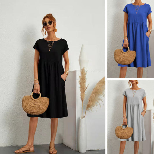 Robe en Coton à Col Rond et Jupe A-Line pour Femme