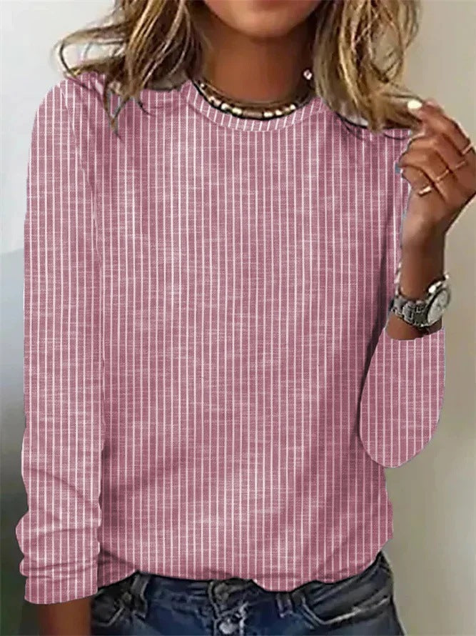 Loose Solid Color Striped Round Neck T-shirt For Women Pink
