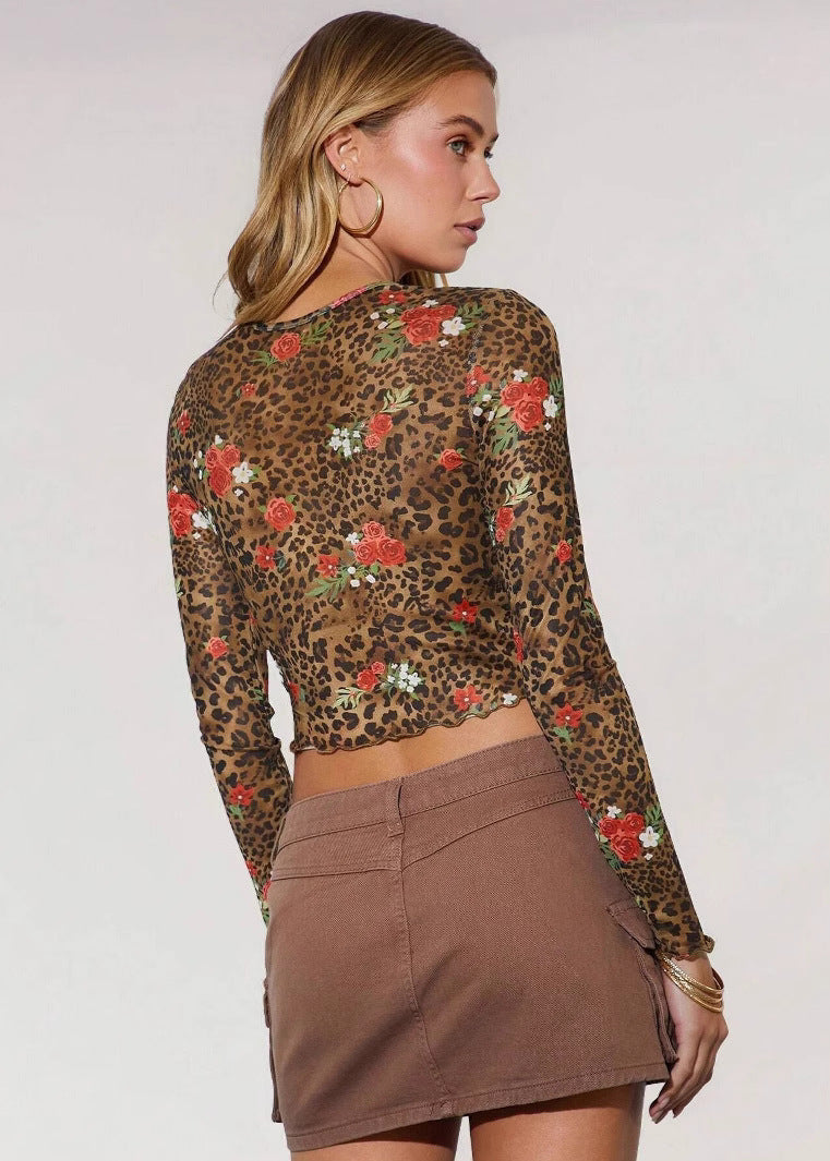 Top transparent imprimé léopard fleuri