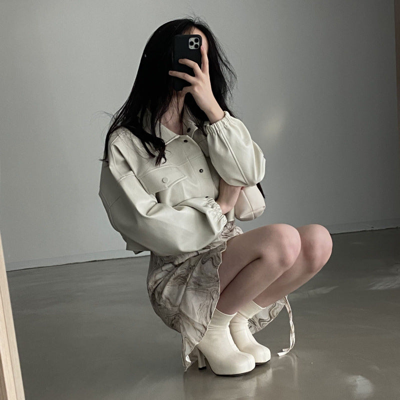 Manteau en Cuir Chic à Col Revers et Poches Abricot Beige Taille Libre