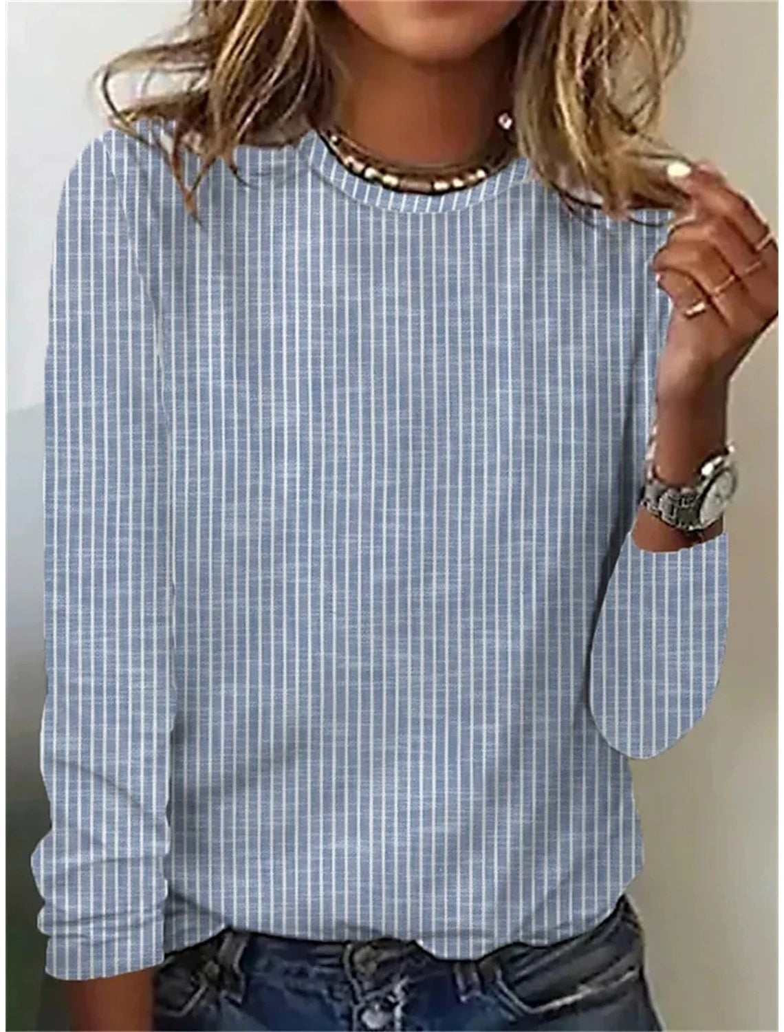 Loose Solid Color Striped Round Neck T-shirt For Women Blue
