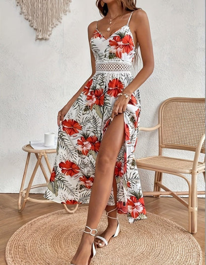 Robe Imprimée Décolletée avec Dentelle & Fente