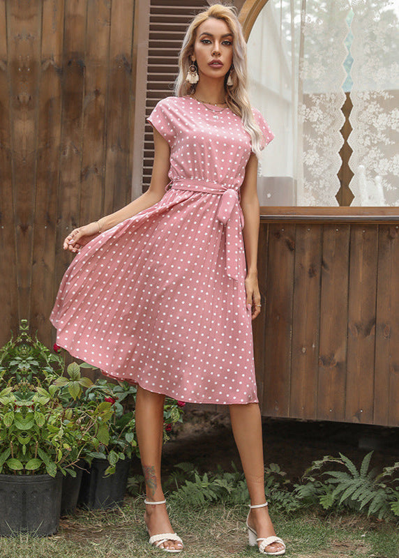 Robe midi à pois élégante ceinturée Rose