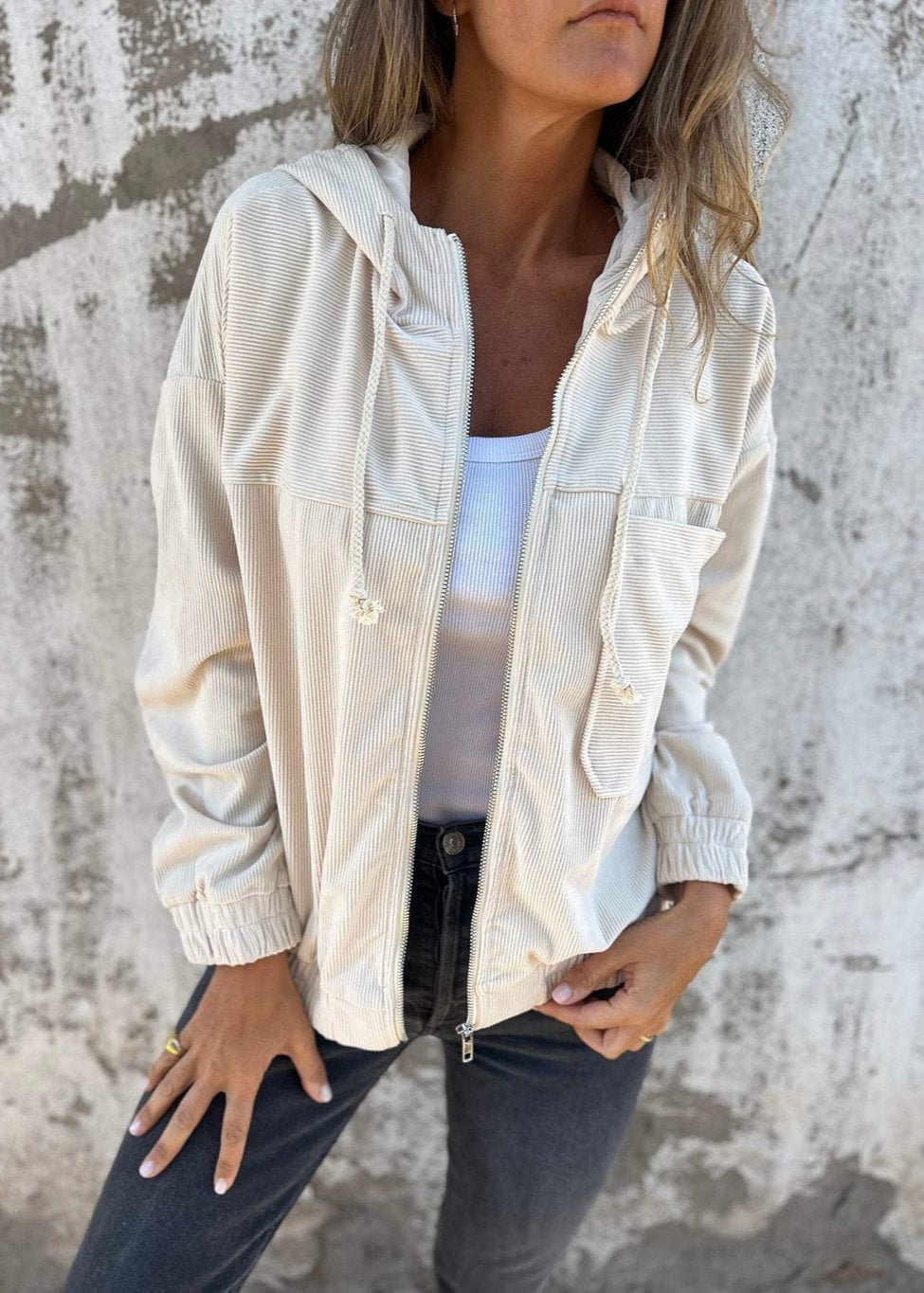 Veste Velours Zippée à Capuche